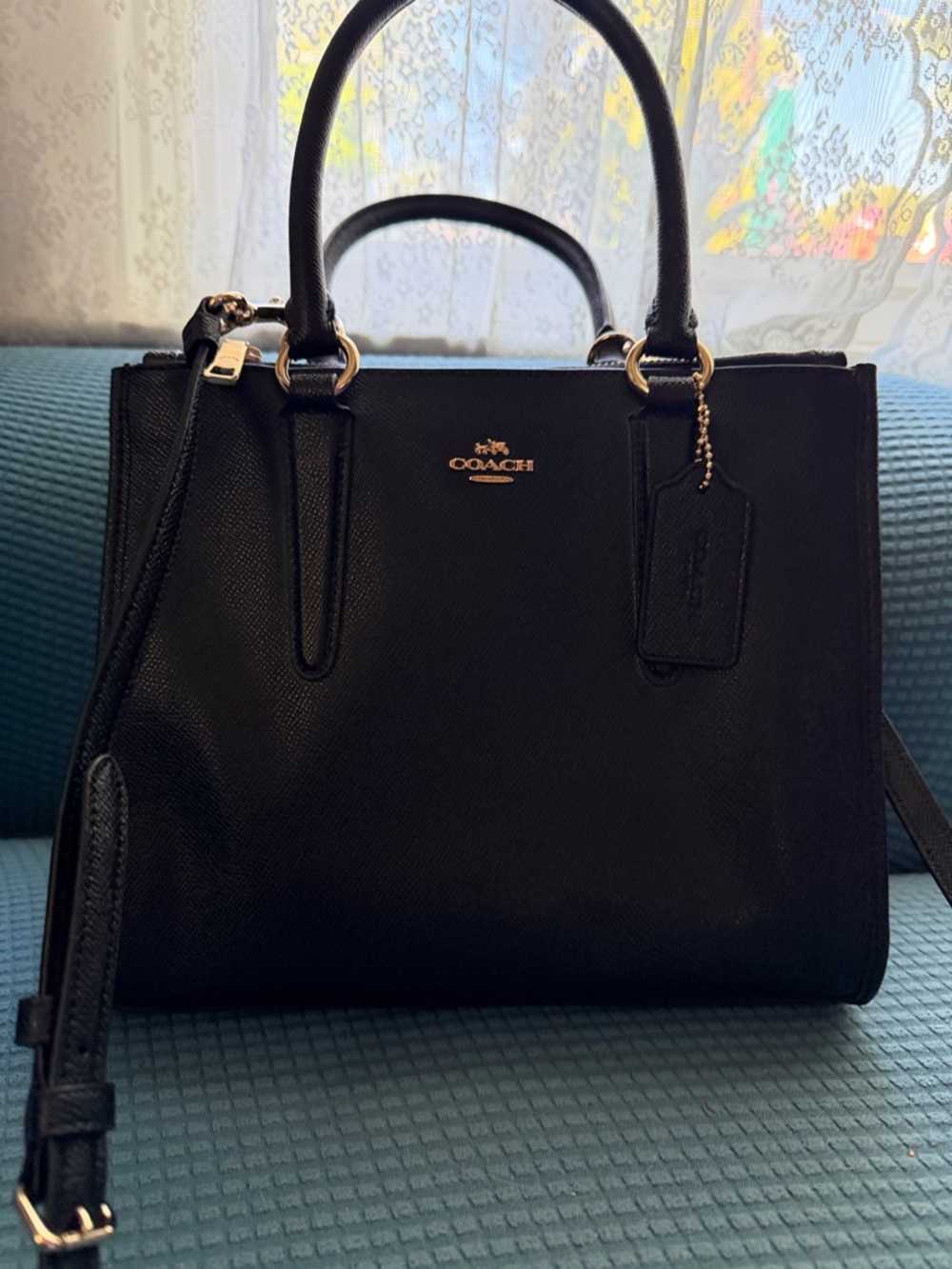 Coach Black Leather Structured Satchel with Gold Hardware